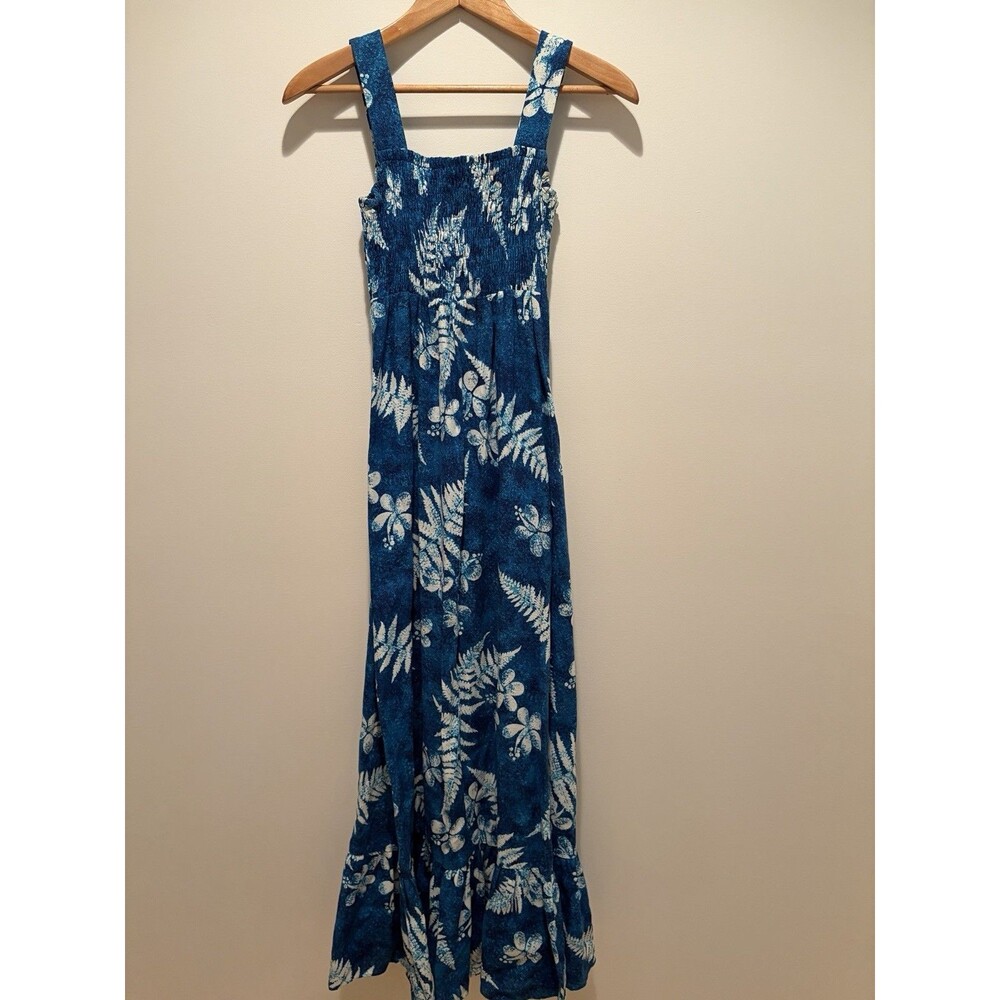 Vtg Royal Hawaiian Smocked Dress Womens M Blue Tropical Maxi Beach Resort